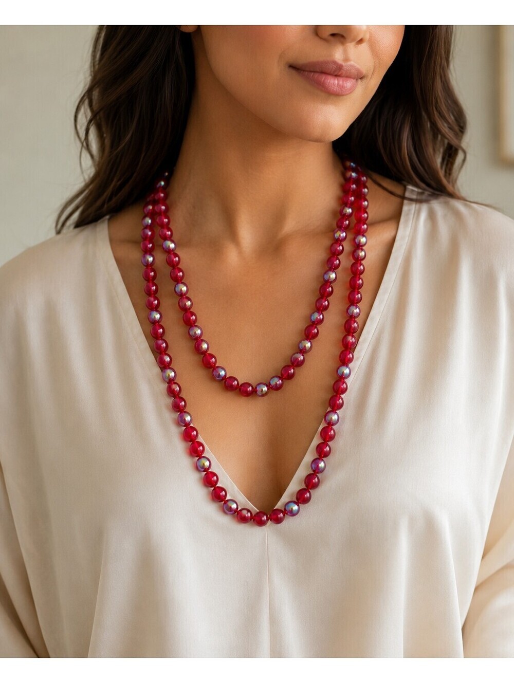 Joan Rivers Ruby Red AB Glass Bead Necklace Gold Tone 30"